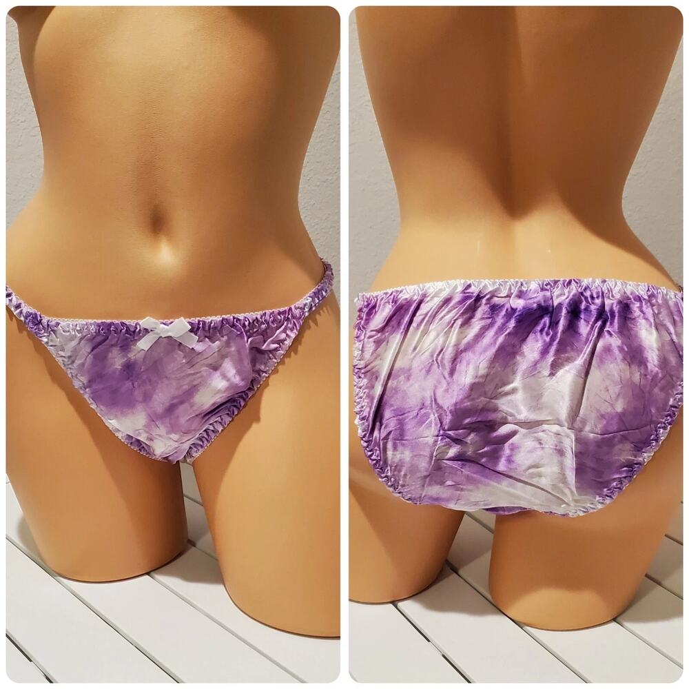 Liquid Satin String Bikini Panty Shiny Double Silk Gusset Print Purple Cloud